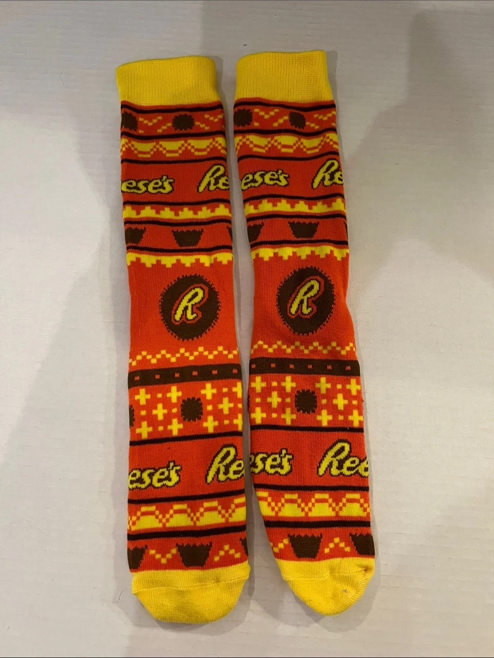 Reese's Orange & Yellow Novelty Crew Socks - Branded Candy Design - Unisex Sz Sm
